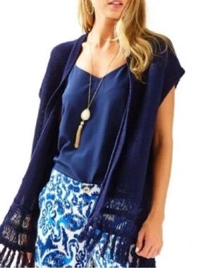 Lilly Pulitzer Navy Bedford Cardigan Open-Front Fringe Knit, size S/M